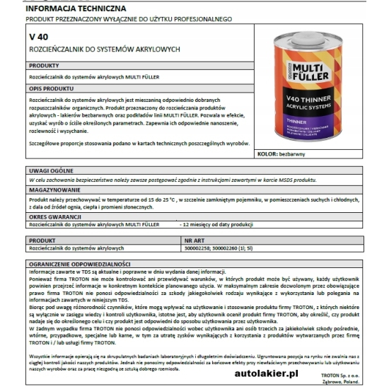 5 litr V40 rozcieńczalnik uniwersalny MULTIFULLER AKRYL PODKŁAD EPOXYD 266