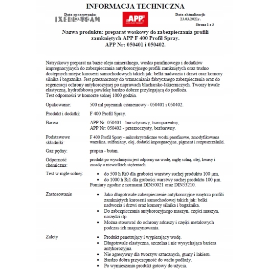500ml APP F400 bursztynowy preparat do zabezpieczenia profili w sprayu 1064