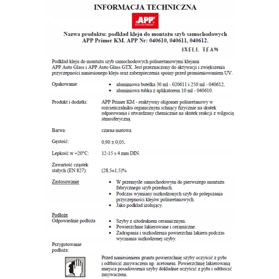 APP Primer KM 30 ml Podkład kleju DO SZYB aktywator przyczepności 1038