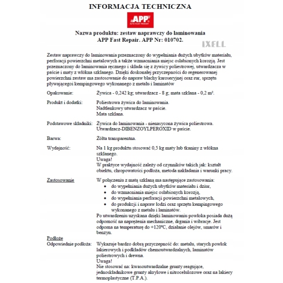 APP ZESTAW REPERACYJNY naprawczy SZYBKI ŻYWICA 0,25 + MATA szklana 0,25 879