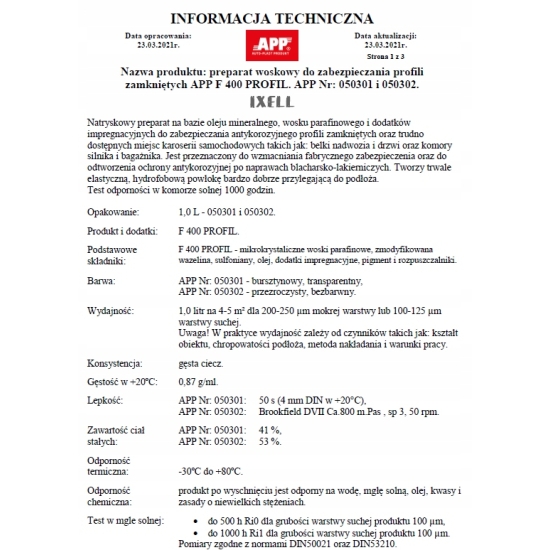 1000ml APP F400 przezroczysty preparat zabezpiecza profile -na pistolet 271
