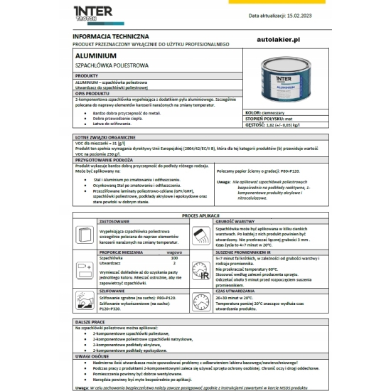 SZPACHLÓWKA WZMOCNIONA ALUMINIUM 0,25 kg odprowadza ciepło Troton 728