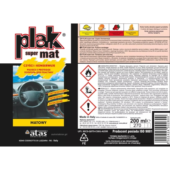 PLAK super MATOWY antystatyczny do kokpitu zapach CYTRYNOWY 750 ml+10% 713