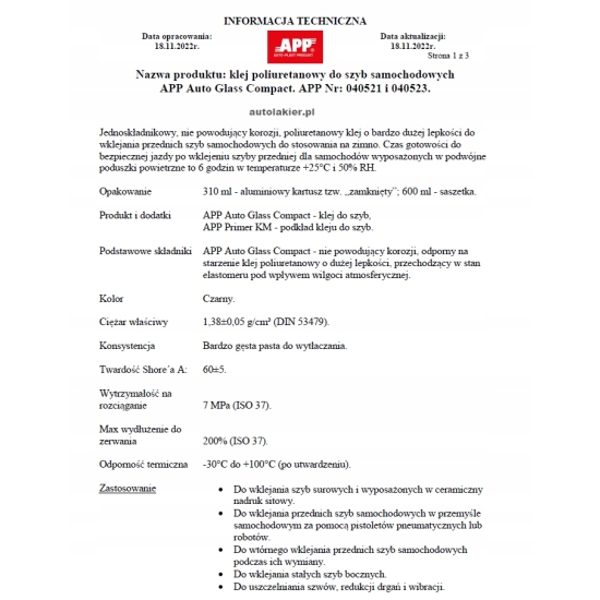 APP AUTO GLASS COMPACT Klej poliuretanowy do szyb samochodowych 310ml 82