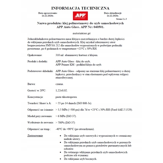 APP AUTO GLASS klej do montażu szyb schnięcie 6 godziny FMVSS 212 2023