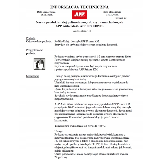 APP AUTO GLASS klej do montażu szyb schnięcie 6 godziny FMVSS 212 2023