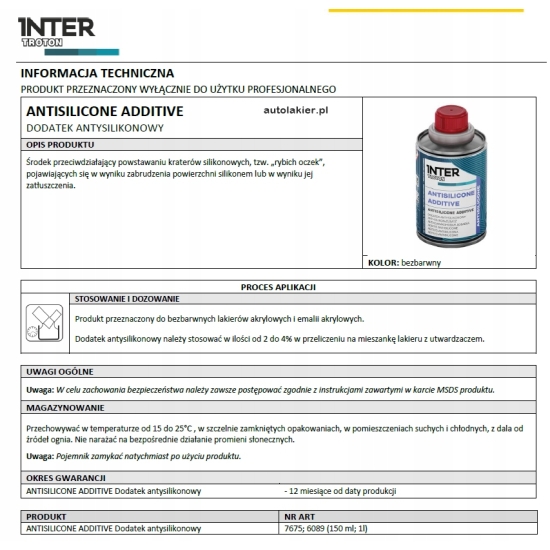 150 ml dodatek ANTYSILIKONOWY zapobiega oczkowaniu farby TROTON 2123