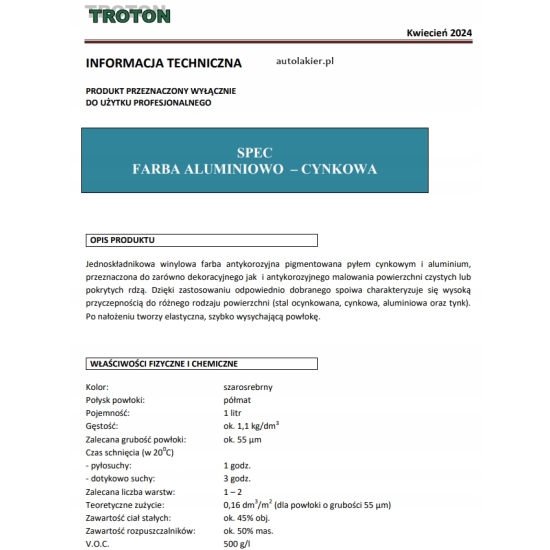 Farba aluminiowo-cynkowa WINYLOWA ANTYKOROZYJNA SREBRNA Troton 1Litr 1299