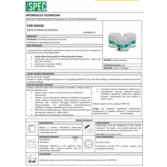 SPEC For WOOD Szpachlówka do drewna kolor DREWNO NATURALNE 400 g Troton 328