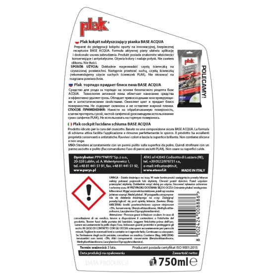 PLAK KOKPIT pianka BASE ACQUA nabłyszcza i konserwuje plastiki, kokpit 559