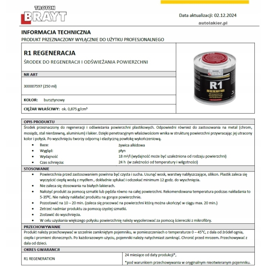 BRAYT R1 REGENERATOR PLASTIKÓW odświeża plastiki oraz chrom alum 250ml 102