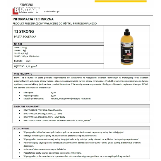 BRAYT T1 STRONG pasta polerska na duże rysy, mocno tnąca 0,25 kg 372