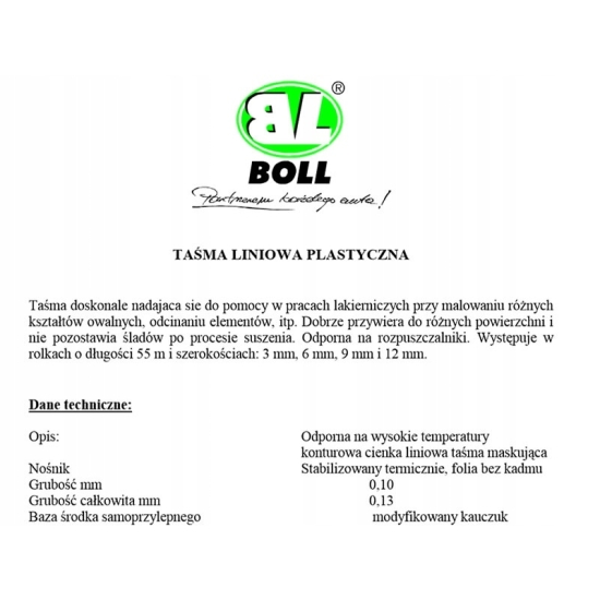 BOLL 9 mm TAŚMA LINIOWA PLASTYCZNA 55 metrów ODPORNA NA ROZPUSZCZALNIK 1458