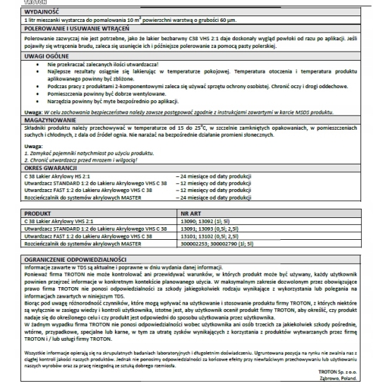 LAKIER BEZBARWNY C38 VHS 2:1 MASTER 1 + 0,5 litra TROTON 932