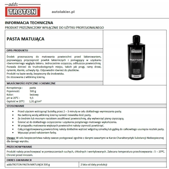 PASTA MATUJĄCA Matting paste 500 gram do matowania powierzchnii Troton 213