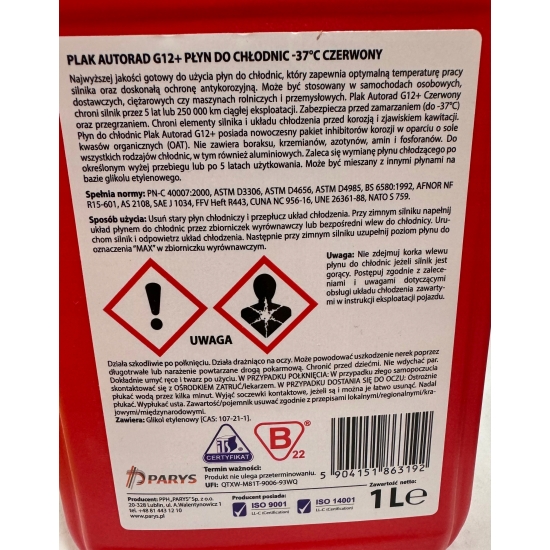 PLAK 5 litrów PLYN DO CHŁODNIC czerwony G12+ RED wysoka jakość 849