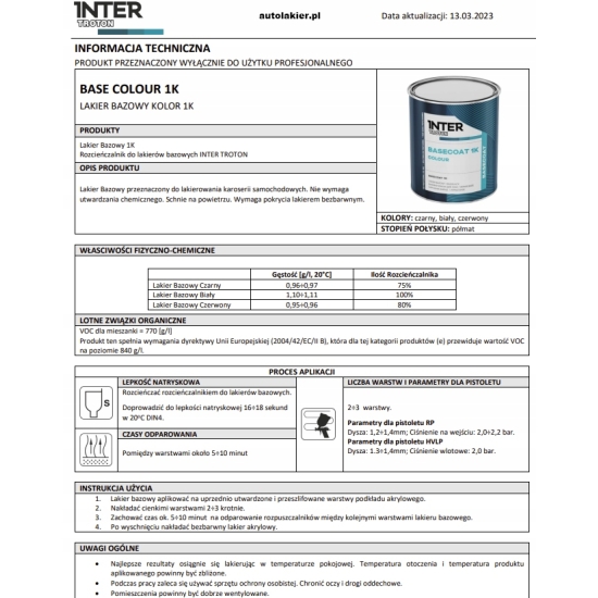 LAKIER BAZA CZYSTO BIAŁA samochodowa 1 litr TROTON 733