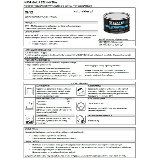 MASTER ONYX miękka szpachlówka z włóknem szklanym turkus kolor 1,75kg 466
