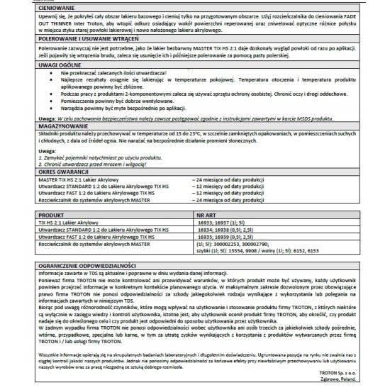 TIX HS UTWARDZACZ FAST szybkoschnący 1:2 MASTER 0,5 litra TROTON 1157