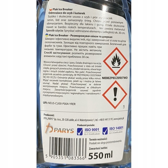 PLAK ICE BREAKER 550ml odmrażacz do szyb i luster atomizer do -70 stC 116