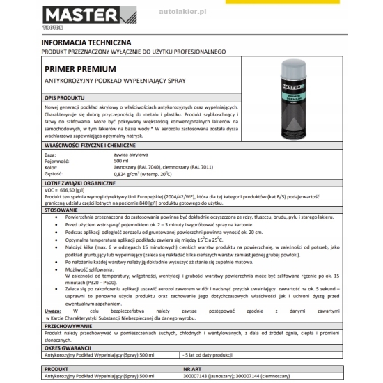 PRIMER PREMIUM MASTER jasnoszary podkład wypełniający antykorozyjny 1913