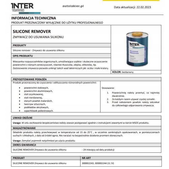 ZMYWACZ SILIKONU zanieczyszczeń ODTŁUSZCZACZ 5 litrów Troton 1926