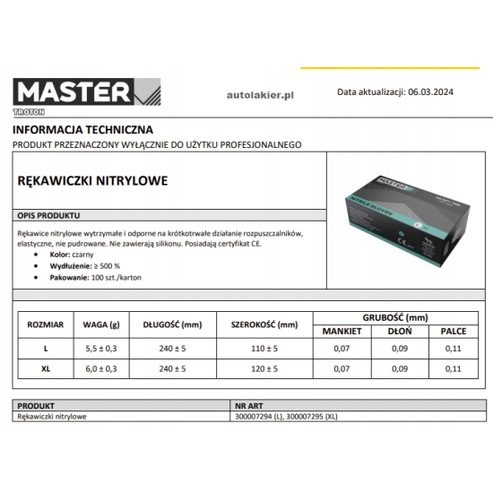 L Rękawice wzmocniona ODPORNOŚĆ NA ROZCIEŃCZALNIKI 100 szt. MASTER IT 114