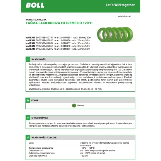 38 mm taśma lakiernicza EXTREME 120°C najwyższa przyczepność BOLL 1164