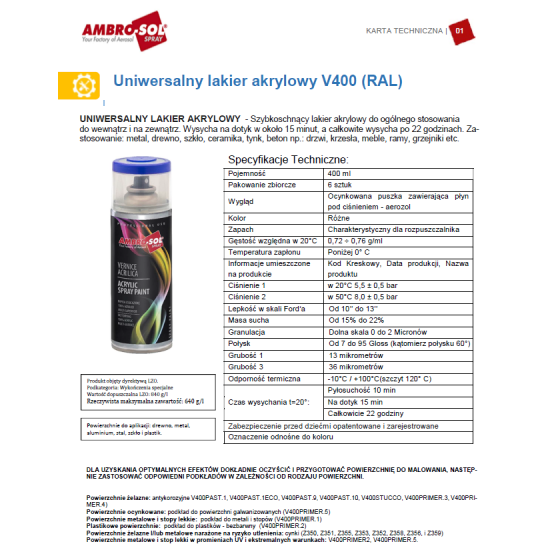 RAL 1021 LAKIER AKRYLOWY ŻÓŁTY POŁYSK 400 ml spray AMBRO-SOL