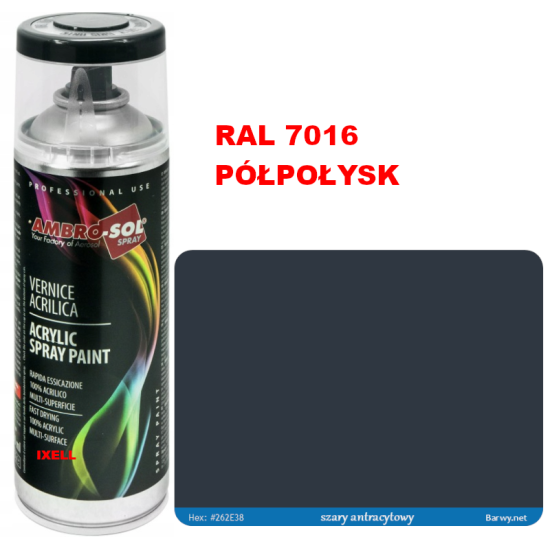 RAL 7016 LAKIER AKRYLOWY SZARY SATYNA PÓŁPOŁYSK 400 ml spray AMBRO-SOL